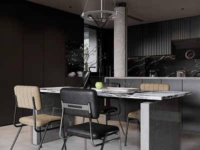 Elegant Modern Restaurant Interior With Marble Dining Table Black And Beige Chairs Pendant Light 3d model