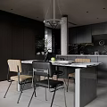 Elegant Modern Restaurant Interior With Marble Dining Table Black And Beige Chairs Pendant Light