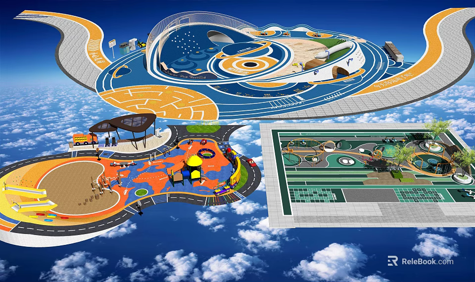 Aerial View Creative Park Design With Colorful Play Areas Curved Paths And Shade Structures 3d model 