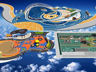 Aerial View Creative Park Design With Colorful Play Areas Curved Paths And Shade Structures 3d model