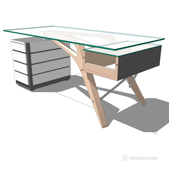 Modern Office Desk with Glass Top Wooden Legs and Drawer Cabinet 3d model 