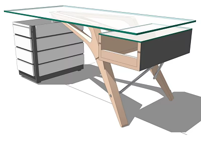 Modern Office Desk with Glass Top Wooden Legs and Drawer Cabinet 3d model