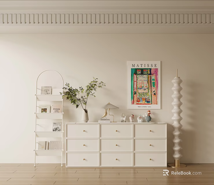 White Dresser Interior with White Shelf Potted Plant Colorful Wall Art and Spiral Floor Lamp 3d model 