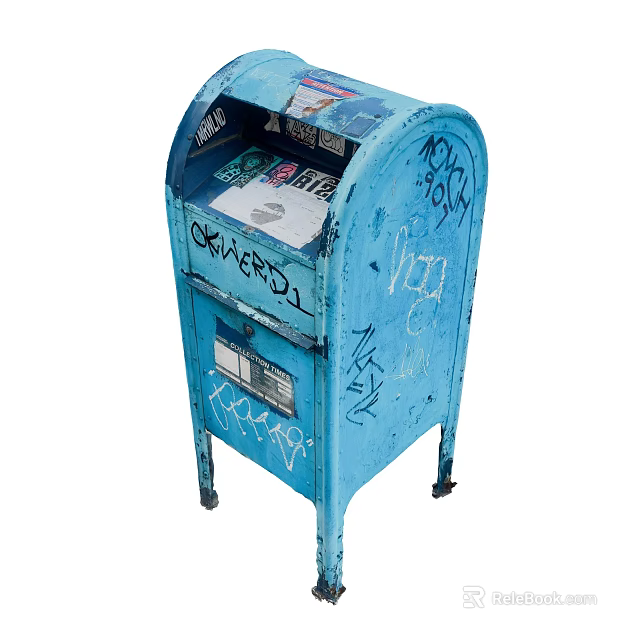 Old Blue Mailbox Covered With Graffiti And Stickers On Wheels 3d model