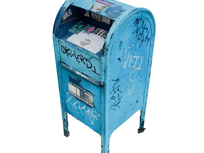 Old Blue Mailbox Covered With Graffiti And Stickers On Wheels 3d model