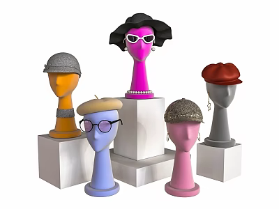 Mannequin Head Models Showcasing Different Hats Sunglasses And Glasses On Pedestals 3d model
