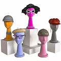 Mannequin Head Models Showcasing Different Hats Sunglasses And Glasses On Pedestals