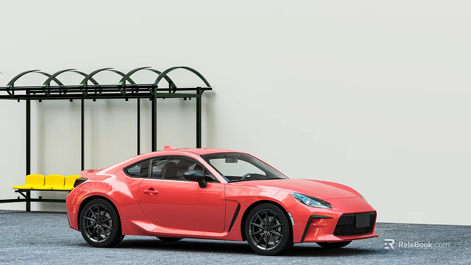 Red Two Door Sports Car With Streamlined Design And Black Wheels Near Shelter 3d model 