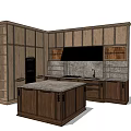 Dark Wood Kitchen Cabinets Interior Design With Island Counter And Stone Backsplash
