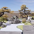 Karesansui Dry Landscape Garden With Raked Sand Japanese Pine Trees Rocks And Zen Tea Table