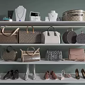 Stylish Handbags and Decorative Boxes Display on Shelves with Jewelry and Shoes