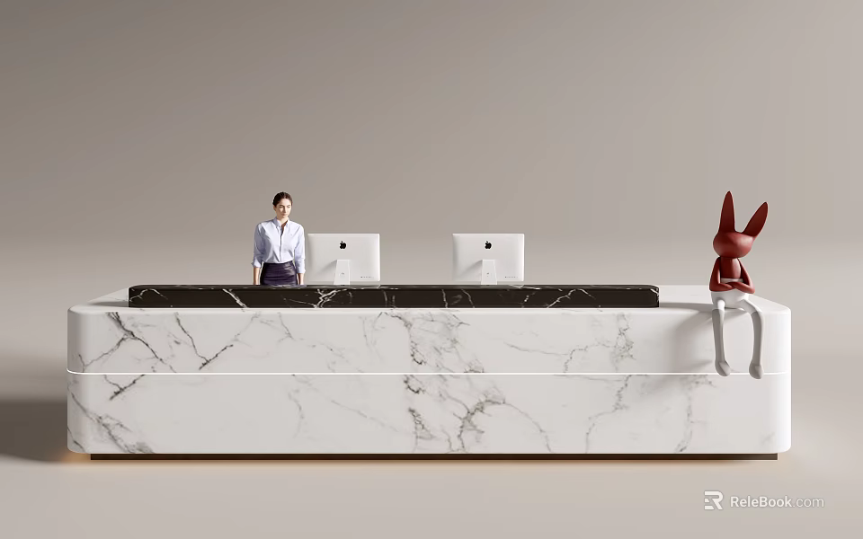 Front Desk Reception With Marble Desk Computer Monitors And Red Decorative Sculpture 3d model