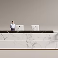 Front Desk Reception With Marble Desk Computer Monitors And Red Decorative Sculpture 3d model