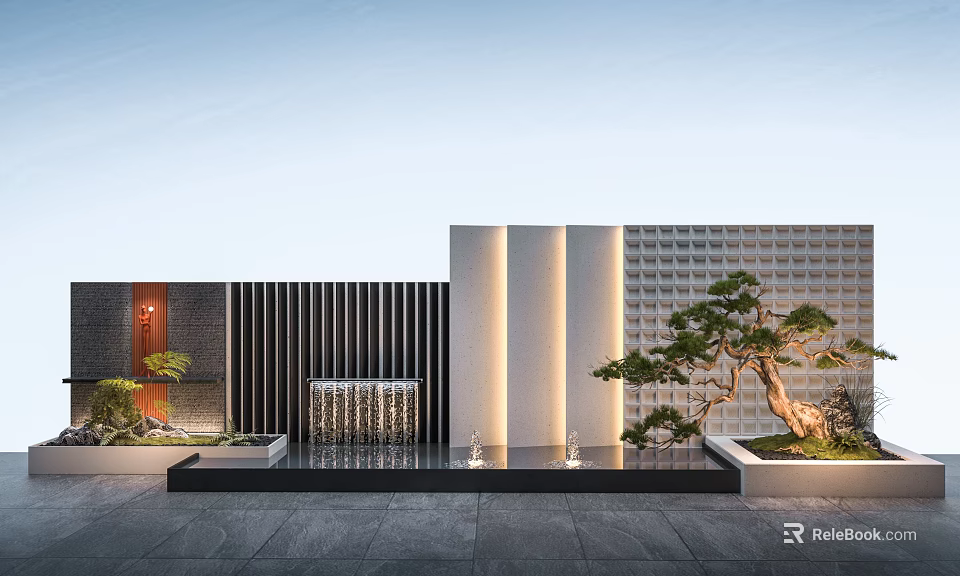 Modern Building Exterior Wall Design with Black Vertical Slats Light Stone Panels and Bonsai Tree 3d model 