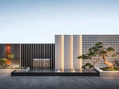 Modern Building Exterior Wall Design with Black Vertical Slats Light Stone Panels and Bonsai Tree 3d model