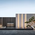 Modern Building Exterior Wall Design with Black Vertical Slats Light Stone Panels and Bonsai Tree