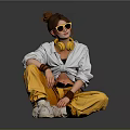 Stylish Casual Female Outfit With Yellow Sunglasses Headphones Pants And White Sneakers
