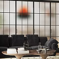 Cozy Living Room Interior With Black Sofa Patterned Rug Coffee Table And Fireplace