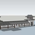 Traditional Chinese Architectural Complex With Tower Pavilions Corridor And Curved Eaves Tile Roof 3d model