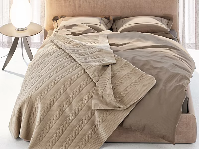 Cozy Double Bed With Beige Linens Blanket Pillows And Nightstand Lamp 3d model