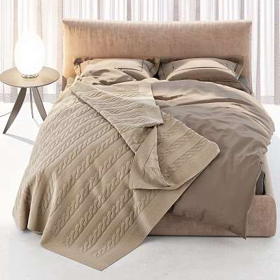 Cozy Double Bed With Beige Linens Blanket Pillows And Nightstand Lamp 3d model