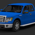 Blue Ford F150 Pickup Truck With Silver Bumper And Black Wheels