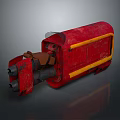 Red Industrial Electronic Appliance With Yellow Stripes And Mechanical Components