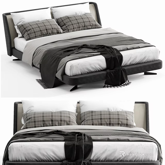 Modern Double Bed With Plaid Pillows Gray Blanket And White Sheets 3d model
