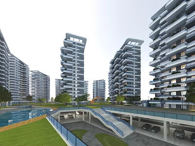 Modern High rise Residential Buildings With Balconies Green Lawn And Pool Area 3d model