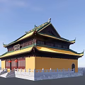 Ancient Chinese Architectural Building With Yellow Roof Green Eaves Red Lanterns And White Platform