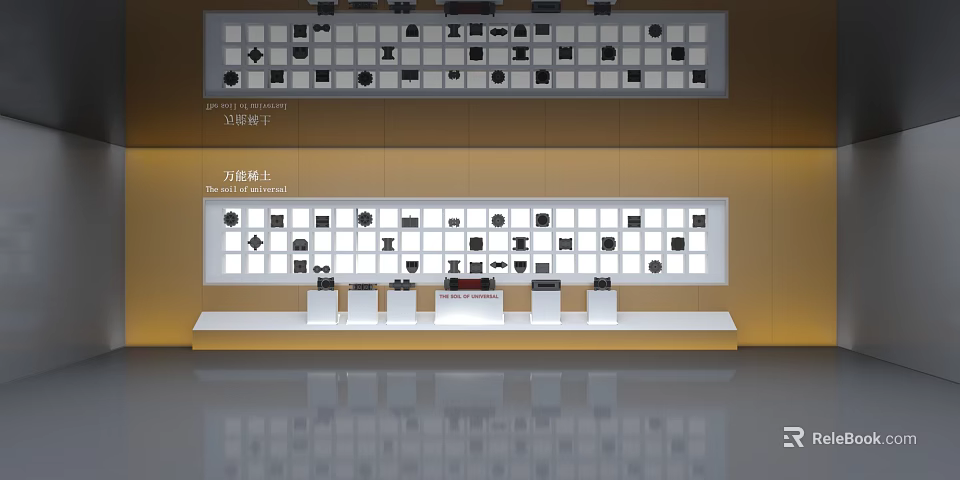 Shoe Display Exhibition With Multiple Shoe Items On Grid Shelves And Platforms 3d model