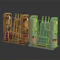 Industrial Style Building Equipment Models With Rusty Red And Light Green Metal Frames