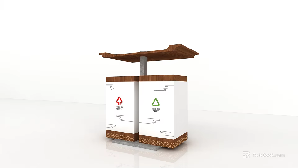 Public Facility Dual Classification Trash Bins With Wooden Cover And Recycling Symbols 3d model 