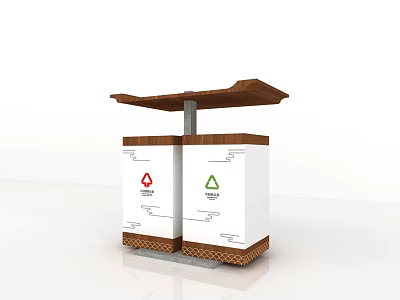 Public Facility Dual Classification Trash Bins With Wooden Cover And Recycling Symbols 3d model