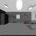 Compact Industrial Equipment Setup in Narrow Space with Sink Mirror Refrigerator and Checkerboard Floor Tiles