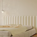 Double Bed With Vertical Tufted Upholstered Headboard Neutral Bedding Warm Beige Wall And Pendant Lights