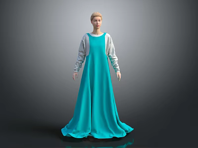 Female Character in Blue Long Dress with Gray White Sleeves Standing on Gray Background 3d model