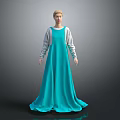 Female Character in Blue Long Dress with Gray White Sleeves Standing on Gray Background
