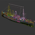 Detailed Historical Warship Model With Green Hull Multiple Funnels And Deck Features