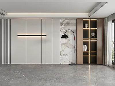 Modern Sofa Backdrop Wall with Vertical Striped Panels Marble Accent Wooden Bookshelf and Built-in Lighting 3d model
