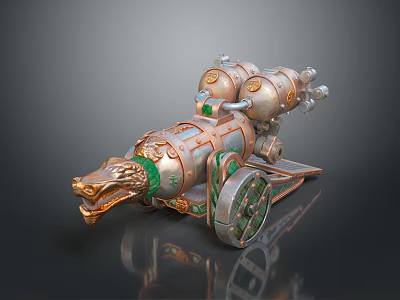 Detailed Steampunk Weapon Design With Dragon Head Copper Green Metallic Wheels 3d model