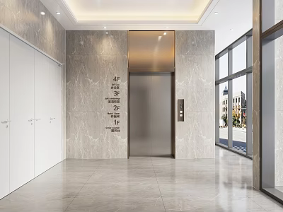 Modern Elevator Lobby With Marble Walls White Cabinets And Large Windows 3d model