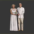 Elderly Couple Holding Hands Woman In White Dress With Bouquet Man In White Shirt