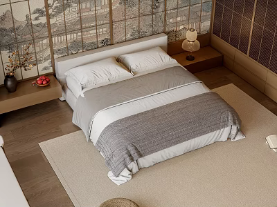 Double Bed In Cozy Bedroom With Gray White Quilt Bedside Table And Wooden Floor 3d model