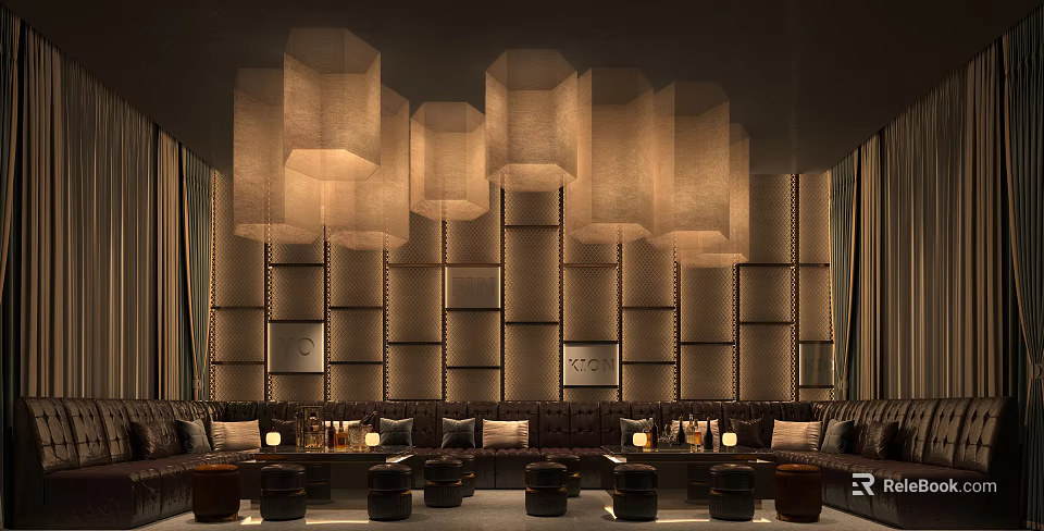 Modern Luxury KTV Interior Design With Fabric Pendant Lights And Comfortable Sofa Seating 3d model 