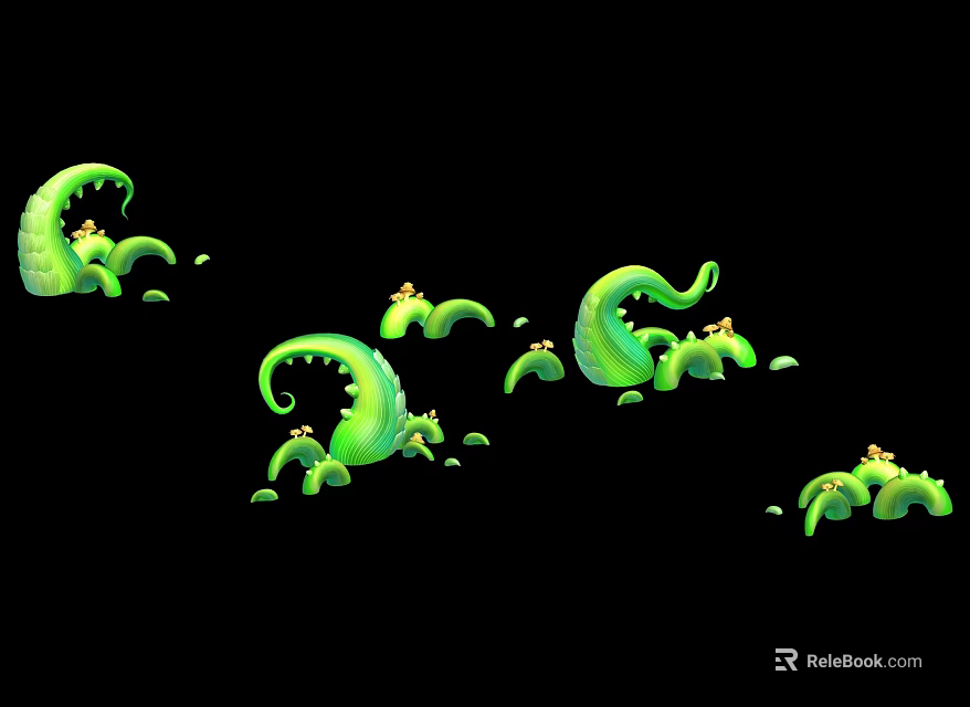 Green Curled Vine Plants With Small Leaf Details On Black Background 3d model 