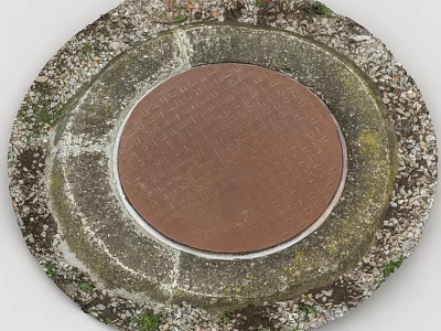 Outdoor Round Metal Manhole Cover With Textured Surface Concrete Edge And Weeds 3d model