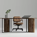 Wooden Office Desk With Metal Frame Brown Chair Laptop And Green Plant In Vase