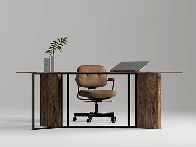 Wooden Office Desk With Metal Frame Brown Chair Laptop And Green Plant In Vase 3d model