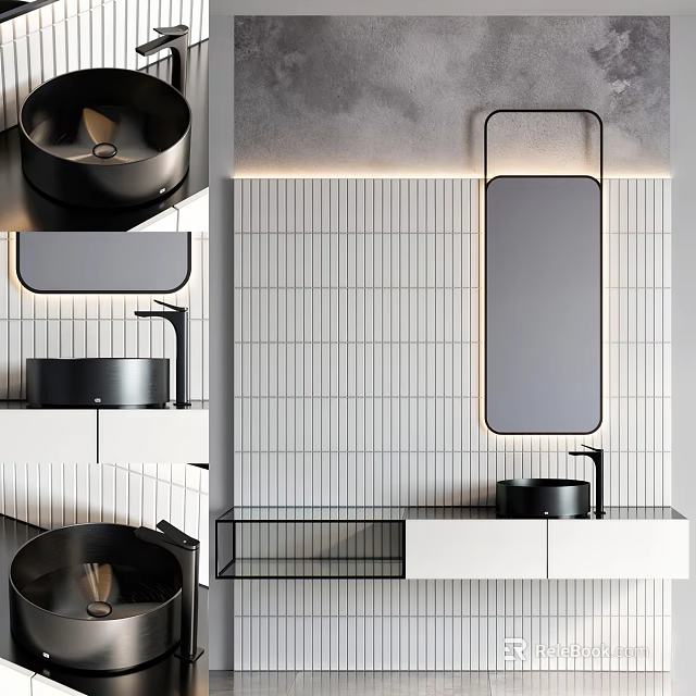 Modern Bathroom Washbasin Vanity With Black Basin Rectangular Mirror And Striped Tile Wall 3d model 